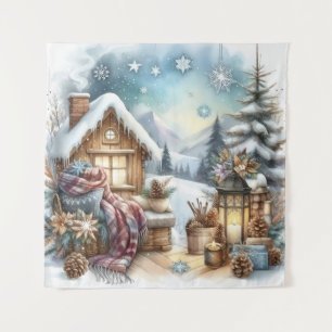 Winter Cabin Tapestry Wandteppich