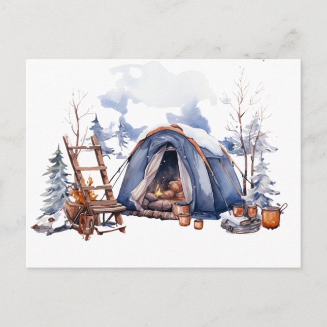 Winter Camping Wasserfarbe Postkarte (Vorderseite)