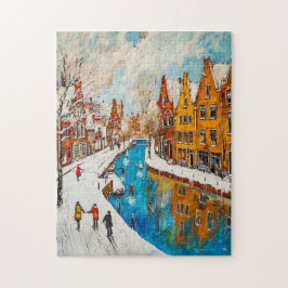 Winter Canal with Snowy Streets and Colorful House