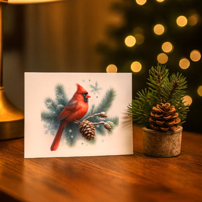Winter Cardinal Pine and Snowflakes  Postkarte (“Watercolor red cardinal on snowy pine with snowflakesa serene winter scene for holiday mailing.”)