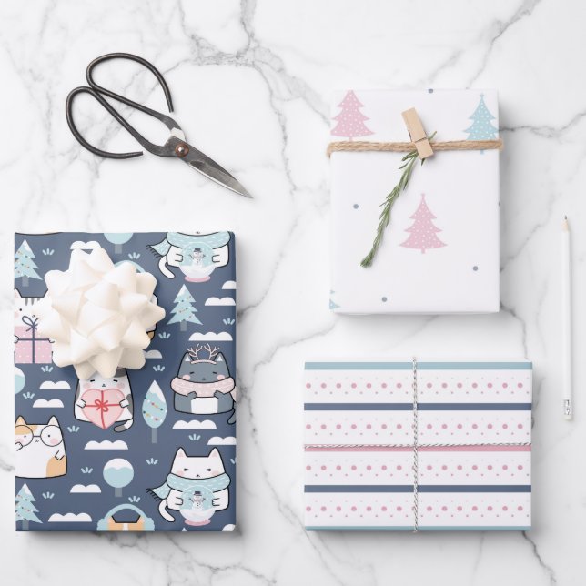Winter Cats Fun Pastel Feiertag Weihnachten Geschenkpapier Set (Vorderseite)