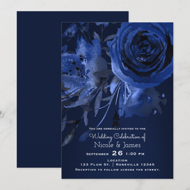 Winter Chic Floral Blue Rose Bold Wedding Einladung (Vorne/Hinten)