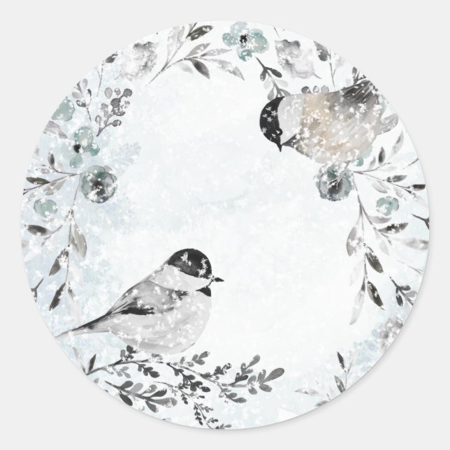 Winter ChickadeBirds Dusty Blue Wreath Weihnachten Runder Aufkleber (Vorderseite)