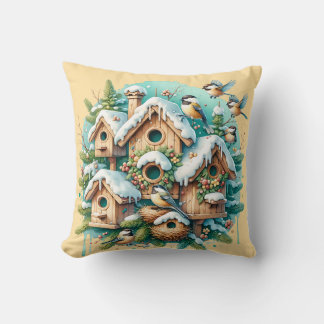 Winter Chickadee Birdhouse Village Kissen