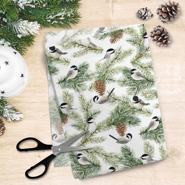 Winter Chickadee Pine Branch Weihnachtsmuster Seidenpapier (Von Creator hochgeladen)
