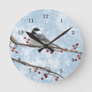 Winter Chickadee Wall Clock Runde Wanduhr