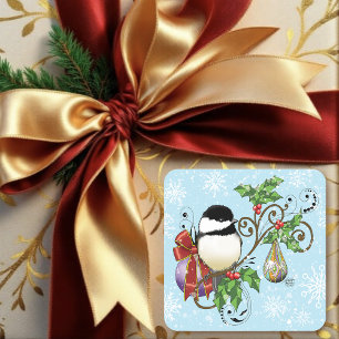 Winter Chickadee Weihnachten Quadratischer Aufkleber