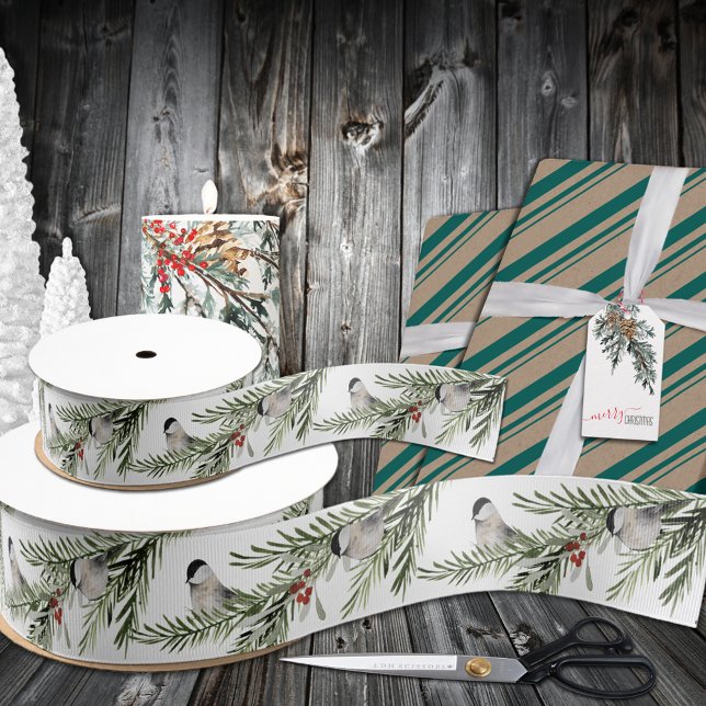 Winter-Chickadeweine auf der Spruce Branch Holiday Ripsband (Winter Chickadees On Spruce Branch Holiday Ribbon in Satin or Grosgrain in 1.5 & 3 Inch Widths)