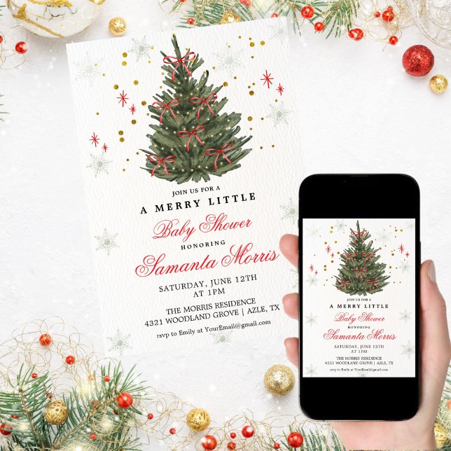 Winter Christmas Baby Shower Invitation | Red Bow  (Créateur téléchargé)