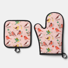 Winter Christmas Birds Ofenhandschuh & Topflappen-Set