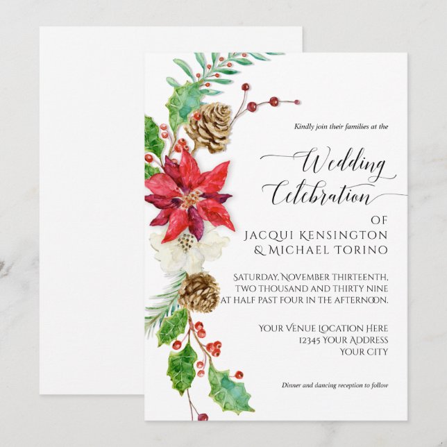 Winter Christmas Floral Red Gold Poinsettia Holly Einladung (Vorne/Hinten)