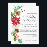 Winter Christmas Floral Red Gold Poinsettia Holly Einladung<br><div class="desc">"Winter Christmas Blumenrot Gold Poinsettia Holly Einladung." Wasserfarbene klassische Weihnachtselemente aus roten Poinsettias,  weiße wilde Rose,  heilige Blätter und Beeren,  Kiefernfüße und Pinienwald mit Mistelgrün. Die Rückseite hat einen dünnen vergoldeten Glitzer und ein weiß gestreiftes Button. Malerei von international renommierten lizenzierten Künstler und Designer,  Audrey Jeanne Roberts,  Urheberrecht.</div>