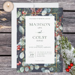 Winter Christmas Greenery Navy Wedding Invitation Einladung<br><div class="desc">This design features pine,  eucalyptus,  red and blue berries,  and other green foliage,  surrounding a thin faux gold frame and white text box. It's part of the Winter Christmas Greenery Wedding Suite of cards created by Simply Farmhouse Press.</div>