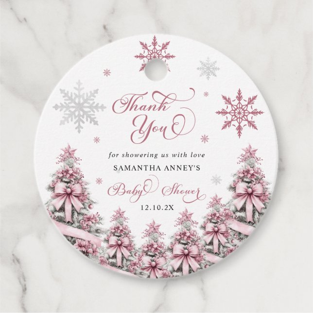 Winter Christmas Pink Baby Dusche Danke Geschenkanhänger (Vorderseite)