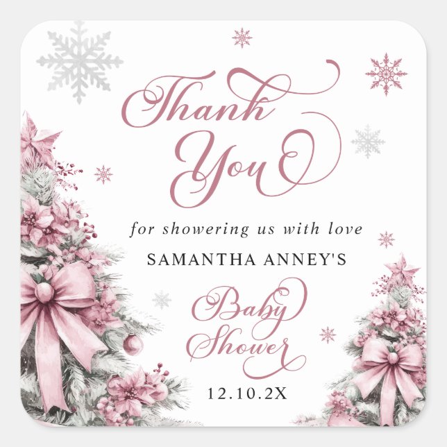 Winter Christmas Pink Baby Dusche Danke Quadratischer Aufkleber (Vorderseite)