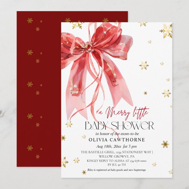Winter Christmas Red Bow Baby Shower Einladung (Vorne/Hinten)