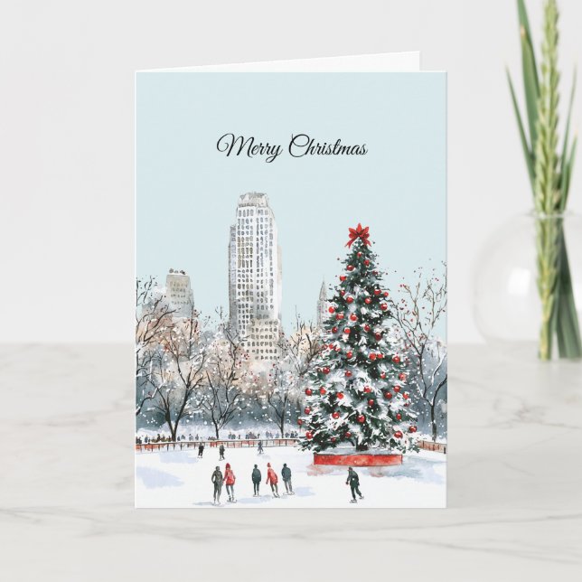 Winter Christmas Tree City Ice Skaters Buildings Karte (Vorderseite)