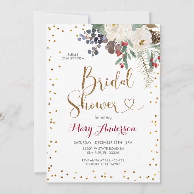 Winter Christmas White Floral Brautparty Einladung (Vorderseite)