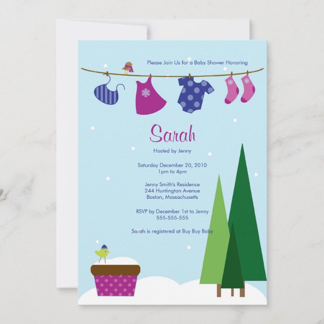 Winter Clothesline Baby Girl Dusche Einladung (Vorderseite)