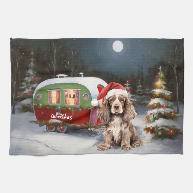 Winter Cocker Spanisch Caravan Weihnachtsabenteuer Geschirrtuch (Horizontal)