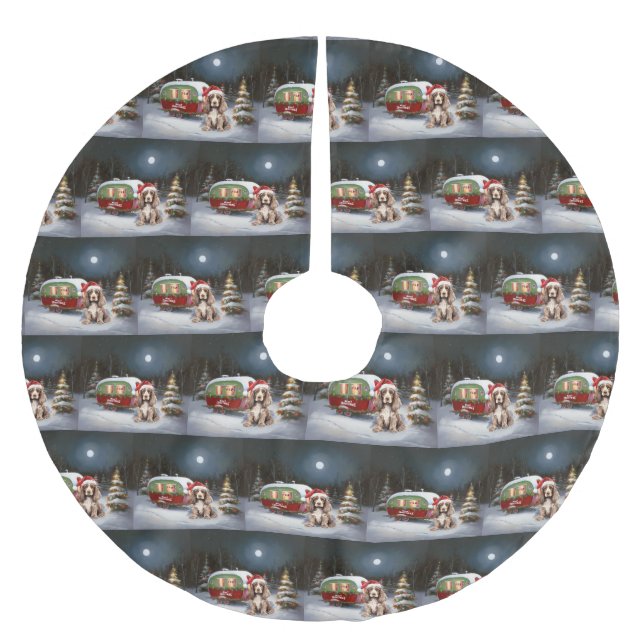 Winter Cocker Spanisch Caravan Weihnachtsabenteuer Polyester Weihnachtsbaumdecke (Vorderseite)