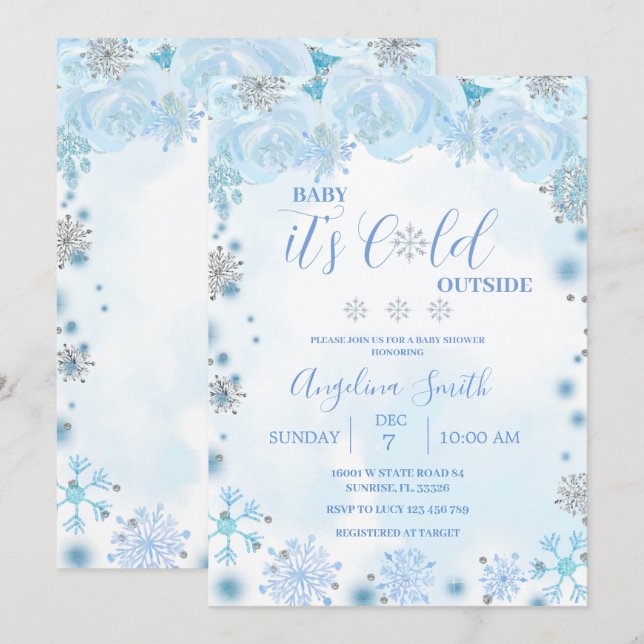 Winter Cold Outdoor Blue Snowflake Babydusche Einladung (Vorne/Hinten)