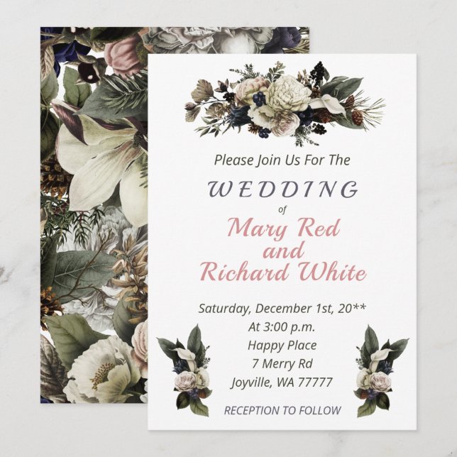 Winter Conifer Floral Cream Calla Lily Wedding Einladung (Vorne/Hinten)