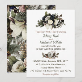 Winter Conifer Floral Magnolia Peony Rose Hochzeit Einladung