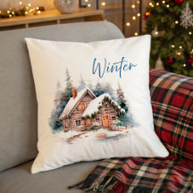 Winter Cottage and Deer in Snowy Forest