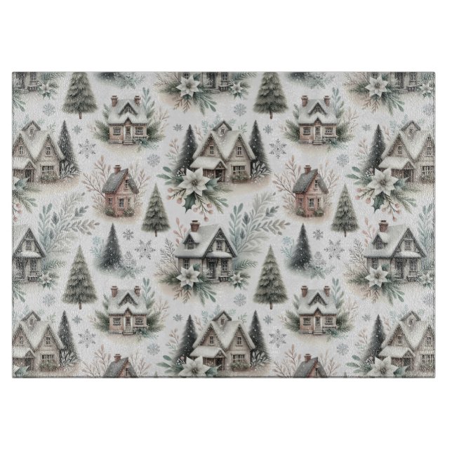 Winter Cottage Snowfall Pattern Schneidebrett (Vorderseite)