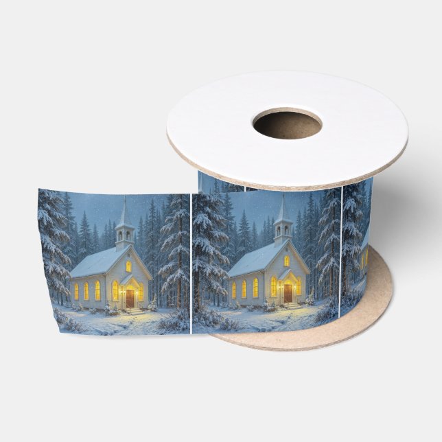 Winter Country Church In Snowflakes Satinband (Spule)
