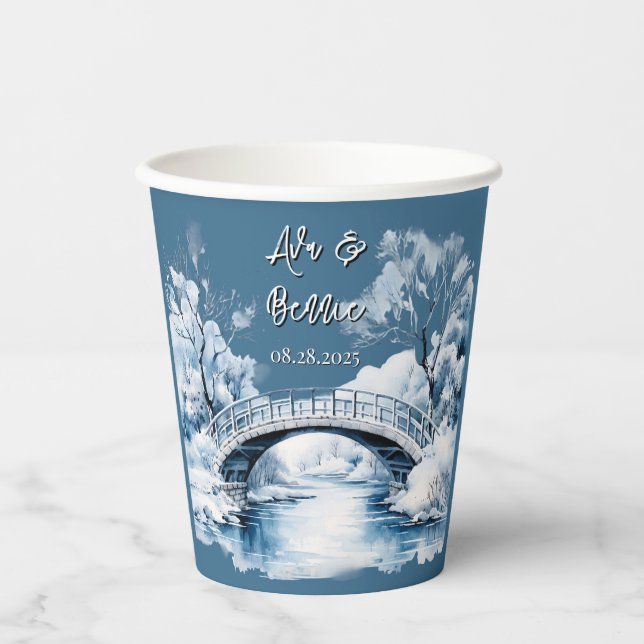Winter Country Water Stream Bridge Hochzeit Pappbecher (Vorderseite)