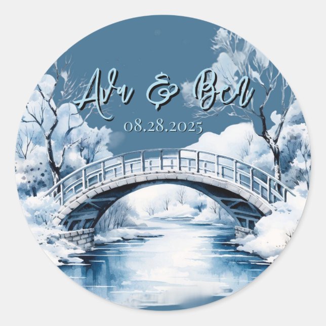 Winter Country Water Stream Bridge Hochzeit Runder Aufkleber (Vorderseite)
