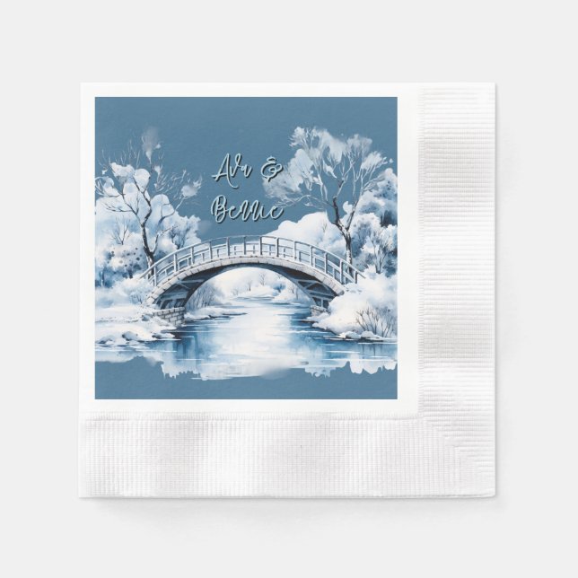Winter Country Water Stream Bridge Hochzeit Serviette (Vorderseite)