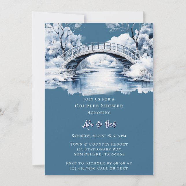 Winter Country Water Stream Bridge Paare Dusche Einladung (Vorderseite)