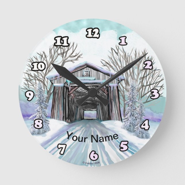 Winter Covered Bridge Clock Runde Wanduhr (Vorderseite)