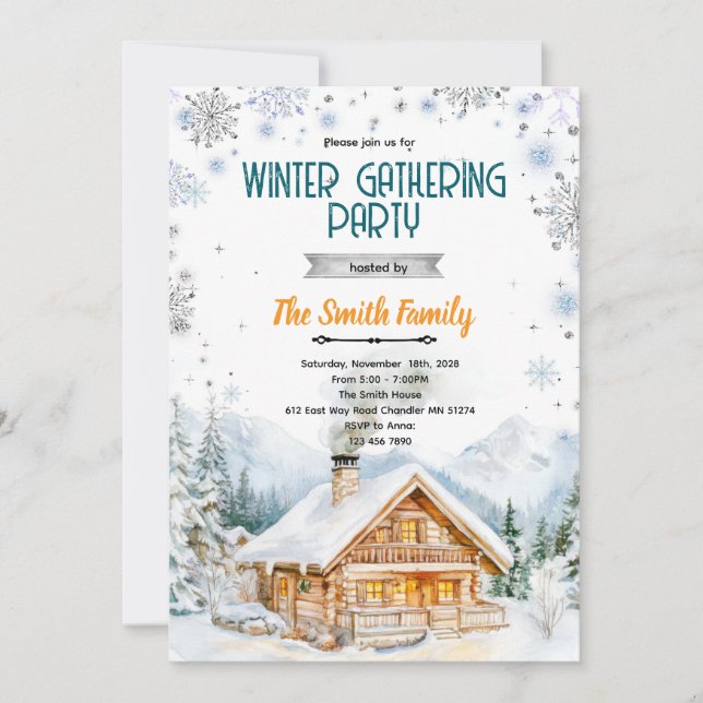 Winter cozy cabin party invitation (Devant)