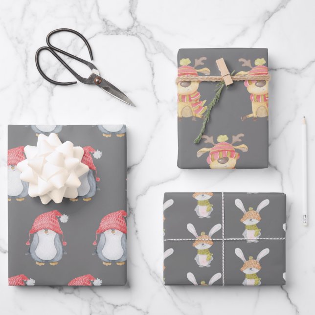 Winter Critters Trio Holiday Geschenkpapier Set (Vorderseite)
