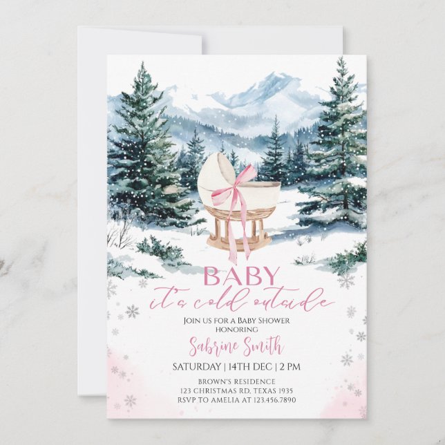 Winter Cute Pink Bow Cradle Baby Shower Einladung (Vorderseite)