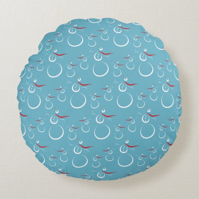 Winter Cyan Niedlich Snowman Family Pattern Rundes Kissen (Vorderseite)
