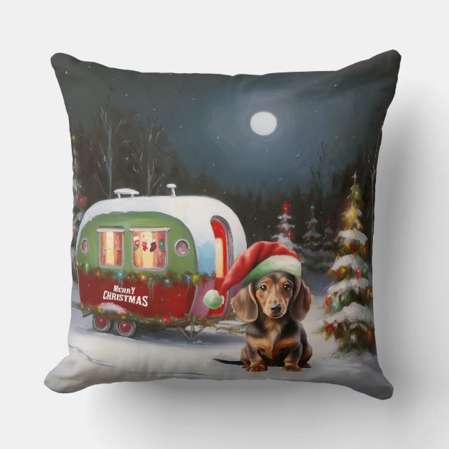 Winter Dackel Caravan Weihnachtsabenteuer Kissen (Vorderseite)