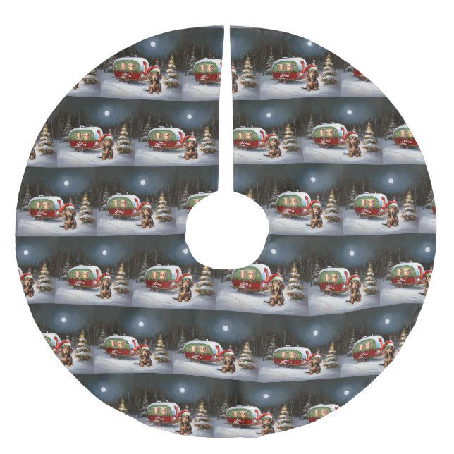 Winter Dackel Caravan Weihnachtsabenteuer Polyester Weihnachtsbaumdecke (Vorderseite)