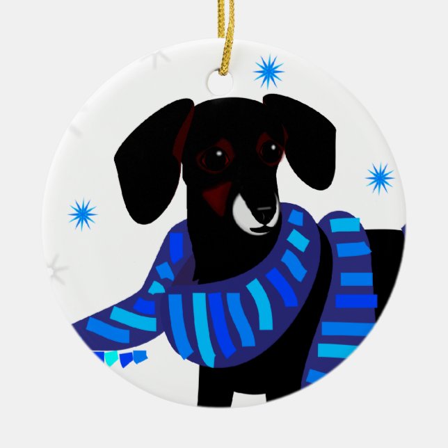 Winter-Dackel im Blau Keramik Ornament (Vorne)
