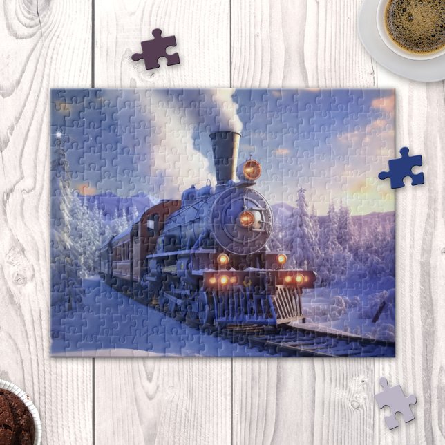 Winter Dampfzug Lokomotive Weihnachtspuzzle (Puzzle featuring a steam train locomotive in a snow covered winter landscape at sunset)