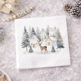Winter Deer in Village Watercolor Baby Shower Serviette
