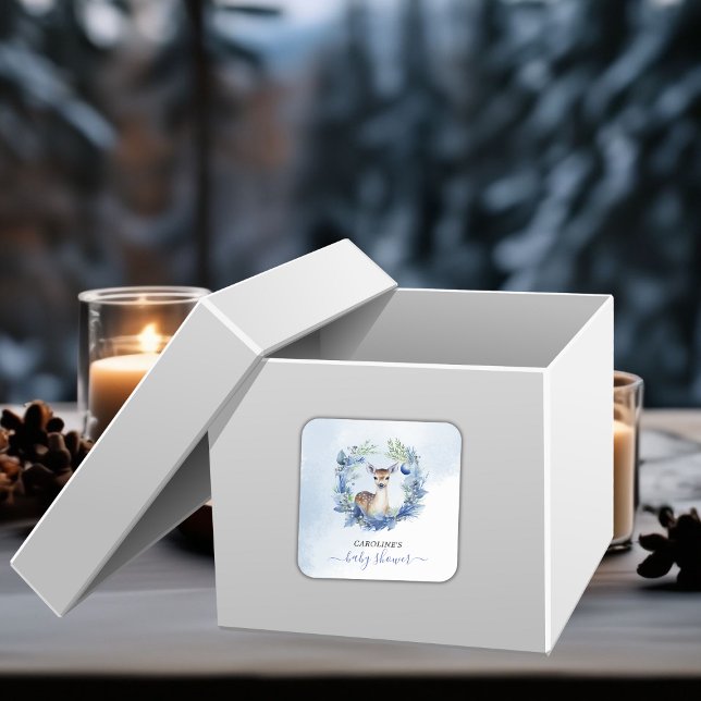 Winter Deer Watercolor Babydusche Quadratischer Aufkleber (Winter Deer Watercolor Baby Shower Square Sticker)