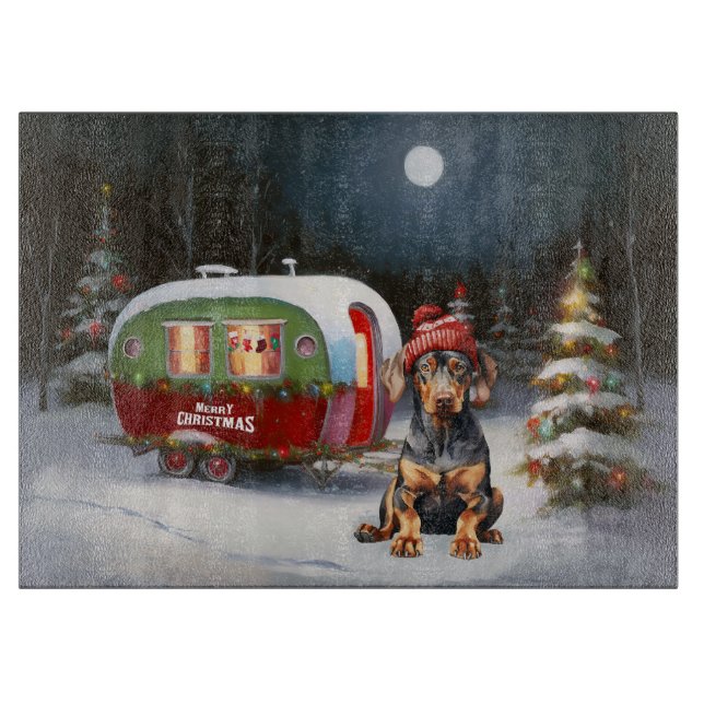 Winter Doberman Caravan Weihnachtsabenteuer Schneidebrett (Vorderseite)
