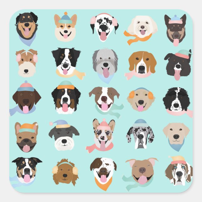 Winter Dog Faces Glass Quadratischer Aufkleber (Vorderseite)