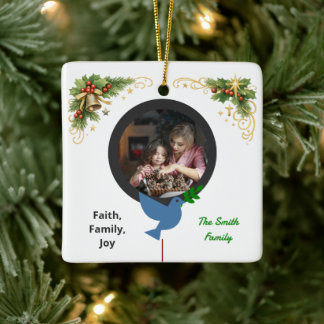 Winter Dove and Olive Branch Two Photo Christmas Keramikornament