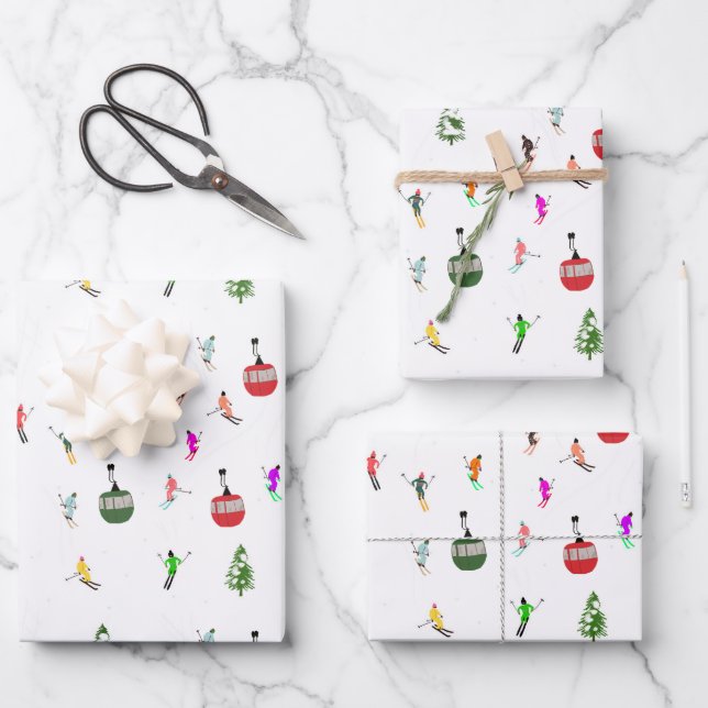 Winter Downhill Skifahrer Skigebiet Muster Geschenkpapier Set (Vorderseite)